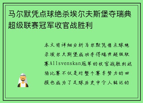 马尔默凭点球绝杀埃尔夫斯堡夺瑞典超级联赛冠军收官战胜利 马尔默凭点球绝杀埃尔夫斯堡夺瑞典超级联赛冠军收官战胜利